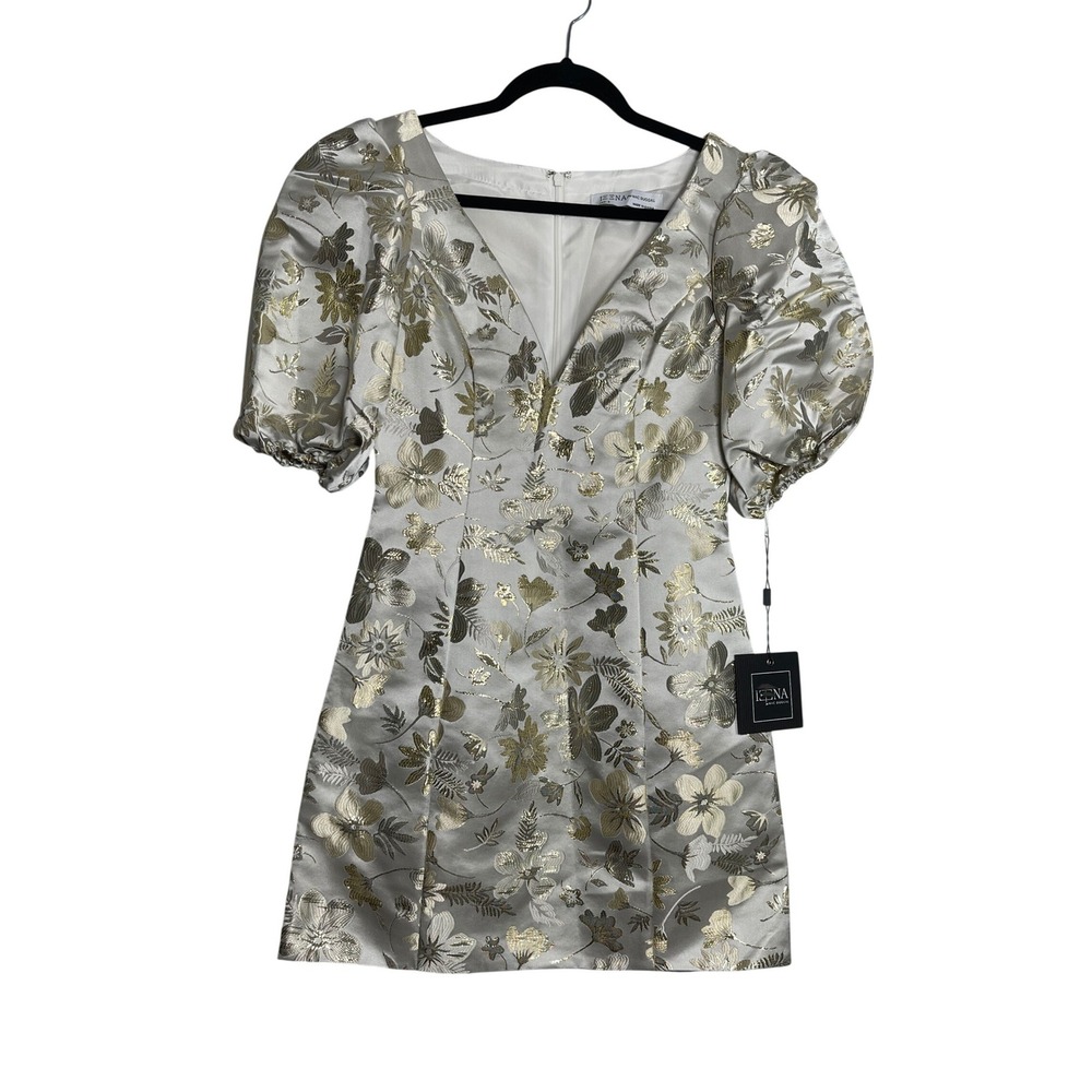 MAC DUGGAL Floral Brocade Puff Sleeve Mini Dress Size 4 Gold NEW 49621 Party - Picture 2 of 13
